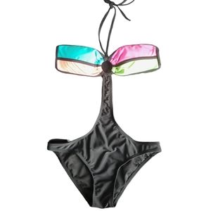 Forever 21 Monokini Bathing Suit Black & Blue/Peach/Pink/Green Top Small